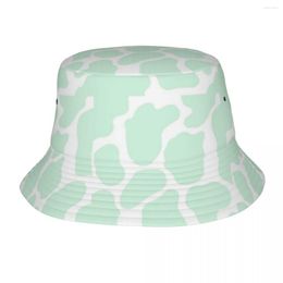 Berets Mint Green Cow Print Bucket Hats Panama For Kids Bob Outdoor Fashion Fisherman Summer Fishing Unisex Caps