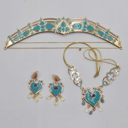 Wedding Jewelry Sets Women Jasmine Royal Crown Headband Earrings Pendant Necklace Set Teal Dress Up Princess Adults Kids Costume Kit 230804