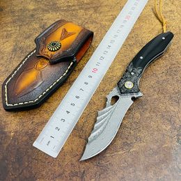 1Pcs S7214 Flipper Folding Knife Damascus Steel Drop Point Blade Rosewood Handle Outdoor Camping EDC Pocket Folder Knives with Leather Sheath