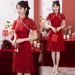 Ethnic Clothing FZSLCYIYI Burgundy Sexy Mandarin Collar Chiffon Qipao Beaded Trim Flying Sleeve Chinese Cheongsam Daily Evening Dress