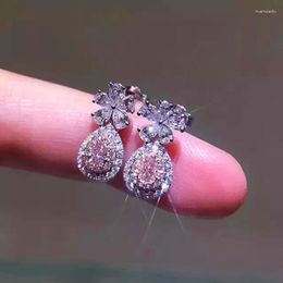 Stud Earrings Huitan Flower With Pink CZ Design Fashion Accessories For Women Bling Wedding Party Trendy Jewellery