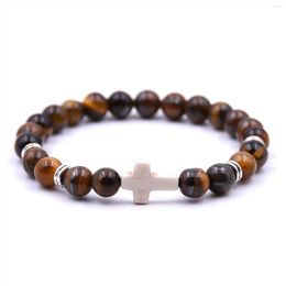 Strand Tiger Eye Bracelet Fashion Trendy Jesus Cross Charm Men Black 8mm Beads Bracelets & Bangles For Women Jewellery