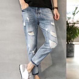 Men's Jeans Slim Fit Men Ripped Pants Gradient Colour With Ribbed Holes Multi Pockets Ankle Length Colorfast Firm