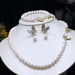 Necklace Earrings Set Butterfly Clasp Freshwater Pearl Women's Jewelry