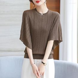 Women's T Shirts Ms Summer Loose Show Thin Ice Silk Round Collar Short Sleeve Women Brim Design Feeling Knitted T-Shirt