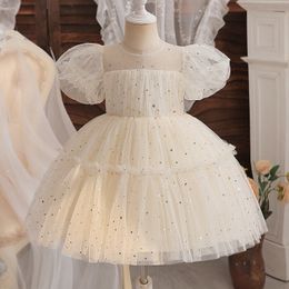 Girl's Dresses Toddler Girl Party Princess Dress Baby Champagne 1st Birthday Outfits Kids Summer Puff Sleeve Sequin Tutu Gown Girl Gala Clothes 230803