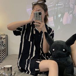 Women's Sleepwear Pajama Sets Women Summer Couple Striped Ulzzang Unisex Fashion BF Style Nightwear Breathable Ins Soft