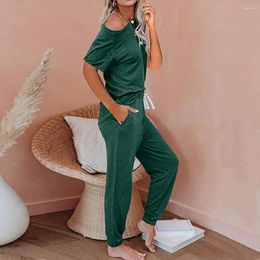 Women's Two Piece Pants 2 Pcs/Set Women Summer Tracksuit Buttons Short Sleeves Loose Elastic Waist Drawstring Pockets V Neck T-shirt