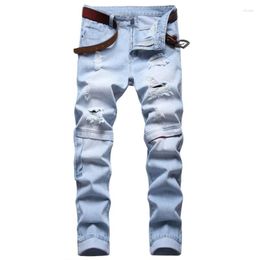Men's Jeans Fashion Biker Distressed Ripped Hip Hop Straight Slim Fit Holes Punk Denim Cotton Pants Knee Zipper Decorate
