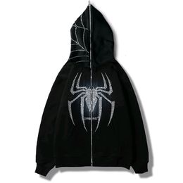 Men's Hoodies Sweatshirts Spider web Black Rhinestones hoodie sweatshirt zipper warm Harajuku punk grunge y2k clothing women Hip hop sweatshirt Hoodie Y2K 230804