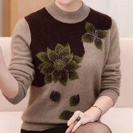 Women's Sweaters Autumn Winter Floral Pattern Thick Knitted Round Neck Elegant Clothing Fashion Diamonds Long Sleeve Jumpers