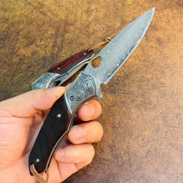 S7212 Flipper Folding Knife Damascus Steel Blade Rosewood with Steel Head Handle Outdoor Camping Hiking Fishing EDC Pocket Knives