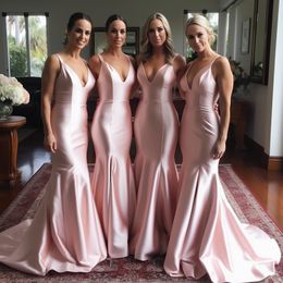 Elegant Pink Plus Size Mermaid Bridesmaid Dresses Long Spaghetti Satin High Side Split Backless Pleats Floor Length Wedding Guest Maid Of Honour Dress Formal Gowns