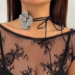 Luxury Full Shiny Rhinestone Flower Choker Necklace for Women Trendy Elegant Ladies Long Lace Up Rope Chains Collar Neck Jewellery