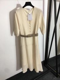 Casual Dresses Sexy Women V-Neck Beige Dress Summer 2023 Half Sleeve Thin With Belt Fashion Buttons Stunning Maxi