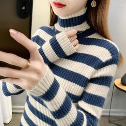 Women's Sweaters Knitted Turtleneck Sweater Women Elegant Striped Jumper 2023 Winter Pullover Oversize Top Long Sleeve Korean Fashion