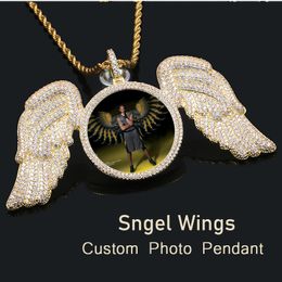 Pendant Necklaces Angel Wings Medallions Custom Po Pendant Necklace For Men Hip Hop Jewelry Iced Out Pendant Custom Engraved Name Memory Gift 230804