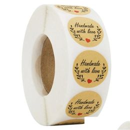 Adhesive Stickers Wholesale 500Pcs/Roll Handmade With Love Scrapbooking Hand Made Label Wedding Sticker Kraft Round Drop Delivery Of Dh8B3