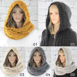 Scarves Women Winter Warm Crochet Knit Hood Scarf Outdoor Windproof Long Shawl Wrap Solid Colour Earflap Hat Neck Warmer