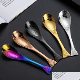Spoons 13Cm Cartoon Fish Shape Stainless Steel Dessert Cake Jelly Rice Dinner Soup Kids Spoon Scoop Kitchen Accessories Drop Delivery Dherp