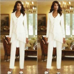 white chiffon mother of the bride pant suits v neck long sleeves front ruffles cheap groom mother gowns plus size mother bride dre179J