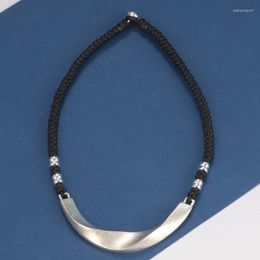 Chains Solid 925 Sterling Silver Moon-Shape Tube With Wax Cord Necklace 17.7inch