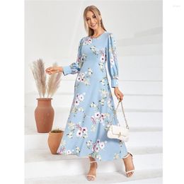 Ethnic Clothing Elegant Women Long Sleeve Floral Print Maxi Dress Dubai Abaya Muslim Turkish Kaftan Islamic Arabic Robe Female Vestidos