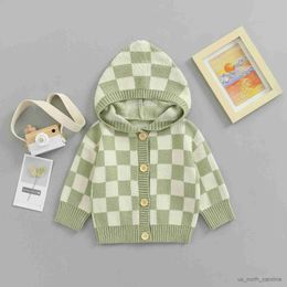 Jackets Toddler Baby Autumn Plaid Knit Cardigan Checkerboard Print Long Sleeved Hood Button Closure Sweater for Boys Girls 0-6T R230805