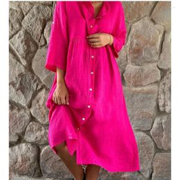 Casual Dresses Women Solid Loose Shirt Dress Cotton Linen Summer Autumn Long Sleeve Single Breasted Stand Collar Mid-Calf