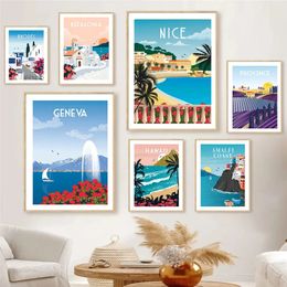 Morocco Sicily Italy Provence French Spain Turkey Hawaii Landscape Canvas Painting Amalfi Coast Travel Posters Greece Wall Art Living Room Home Decor w06