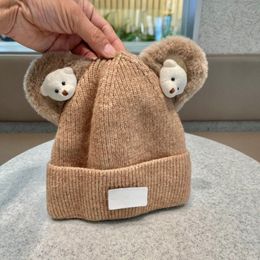 Beanie Cap 2023 Autumn Winter New Knitted Hat Cute Bear Plush Ears Fine Line Warm Woolen Hat Skull Caps T7ZT#