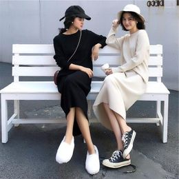 Casual Dresses Autumn Winter Korean O-neck Slim Solid Long Sleeve Knitted Dress Women Mid-Length Bottoming Sweater Bodycon V27