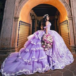 Quinceanera vestidos lilás renda a princesa apliques camadas de camadas do vestido de bola de bola de ombro vestido de festas bail