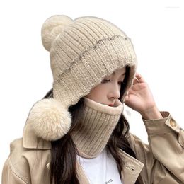 Berets Winter Women's Casual Knitted Hat With Neck Warmer Scarf Ladies Pearl Rhinestone Decorative Beanie Cap Windproof Earflap