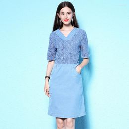 Party Dresses Large Size Women's Summer Dress Female Thin Lace Short Sleeve V-neck Denim For Women NW18B2606