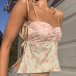 Women's Tanks Floral Printed Spaghetti Strap Top Women Pink Cute Casual Sleeveless Camis Tops Tees Patchwork Crop 2023