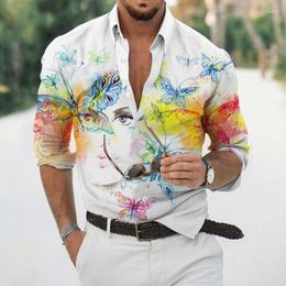 Men's Casual Shirts 2023 Luxury Hawaiian Butterfly Shirt 3d Printed Painting Style Long Sleeve Blouse Plus Size Traveling Tops Tee Homme