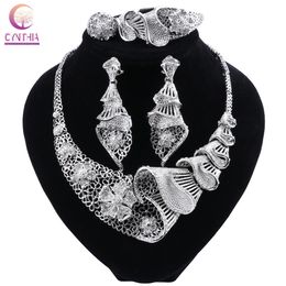 Wedding Jewellery Sets CYNTHIA African Nigerian Bridal Dubai Silver Plated Crystal Necklace Bracelet Earrings Ring Set for Women 230804