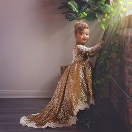 Cute Toddlers Gold Sequined Girls Pageant Dresses White Lace Appliques Long Sleeves Hi Lo Flower Girl Dresses Teens Party Communio309Q