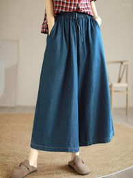 Women's Jeans 23Women Summer Vintage Washed Bleached Solid Color Elastic Waist Shiring Female Tide Denim Ankle-Length Wide Leg Pants
