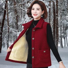 Women's Vests 2023 Autumn Winter Plus Velvet Warm Vest Female Middle-aged Pockets Ladies Solid Colour Short Waistcoat B100