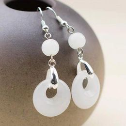 Dangle Earrings Women White Jade Round Drop S925 Sterling Silver Hetian Jades Nephrite Donut Earring For Girlfriend Mom Gifts