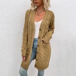 Women's Knits Elegant Loose Cable Knit Sweater Cardigan With Pockets Womens Autumn Winter Casual Long Sleeve Button Ribbed Overcoat