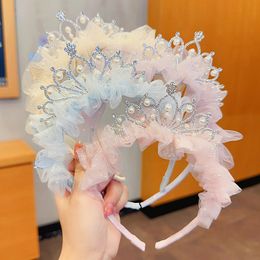 New Children's Lace Mesh Hair Band Rhinestone Crown Hair Hoop Princess Girl Birthday Prom Party Headdress Jewelry Accessory Gift