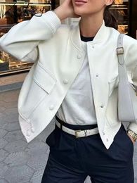 Women s Jackets MiuKoMiYa Short Loose Bomber Jacket For Women Coat Autumn 2023 Solid Big Pockets Stand Collar White Coats And 230804