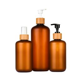 120ml 250ml 500ml Frosted Amber Brown Plastic PET Bottle Bamboo Cap Black White Lotion Pump Shampoo Packaging Containers 10pcs Sto264A