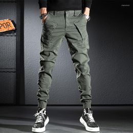 Men's Jeans Korean Fashion Men Army Green Elastic Trousers Spliced Designer Casual Cargo Pants Hombre Streetwear Hip Hop Joggers