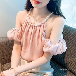 Women's Blouses 2023 Summer Vacation Street Pearl Halter Sexy Cutout Chiffon Shirt Off-Shoulder Design Chic Top Pink Apricot