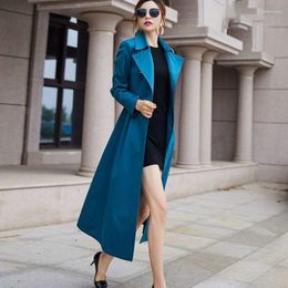 Women's Trench Coats Spring Autumn Long Windbreaker Double Breasted Fashion Waist Jacket Vintage Haze Blue Coat Female