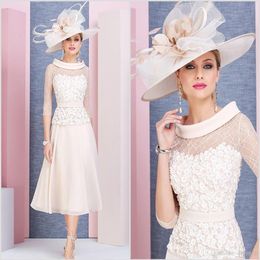 Light Pink Chic Mother Of The Bride Dresses Scoop Neck 3 4 Long Sleeves Prom Dress Tea Length Lace Formal Wedding Guest Gowns Chea273l